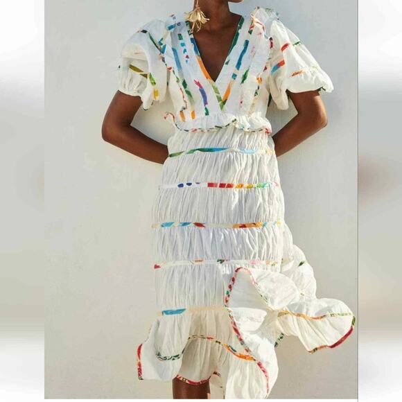 Farm  Rio Multi-Print Tiered Midi Dres L Cotton Ruffles Puff Sleeves - Picture 1 of 8